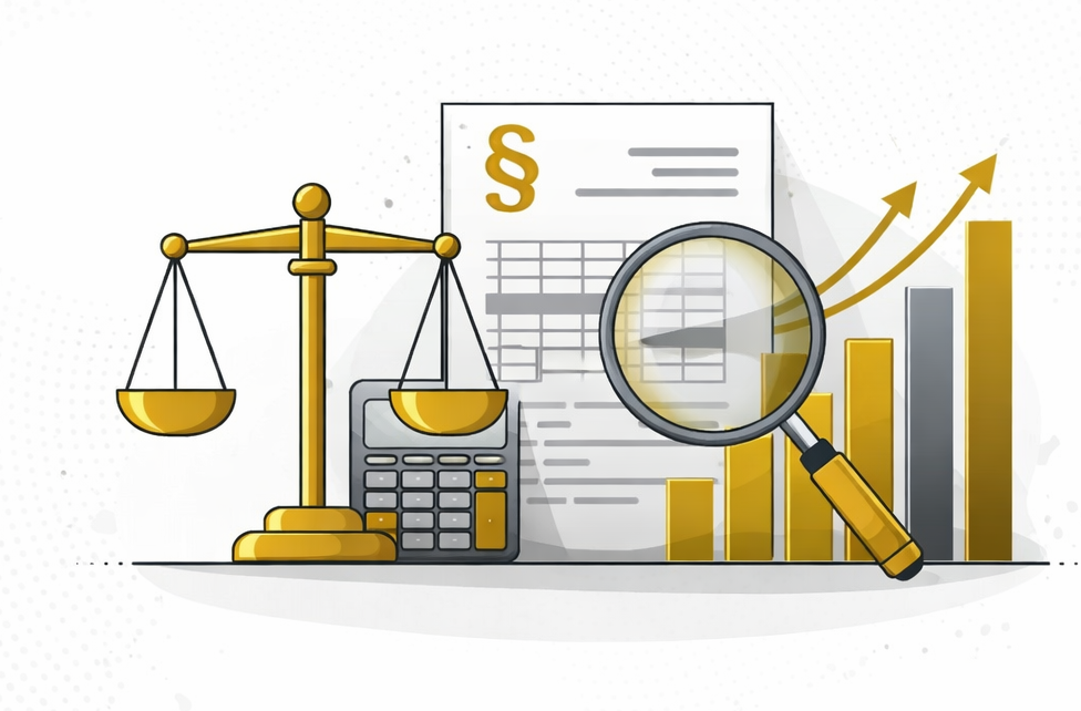 imagem de Balança da justiça + gráficos financeiros Documento fiscal + lupa + gráfico de crescimento